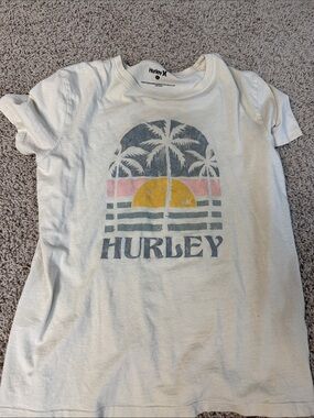 Hurley White Tee with Pink Stripes and Yellow Sun Graphic